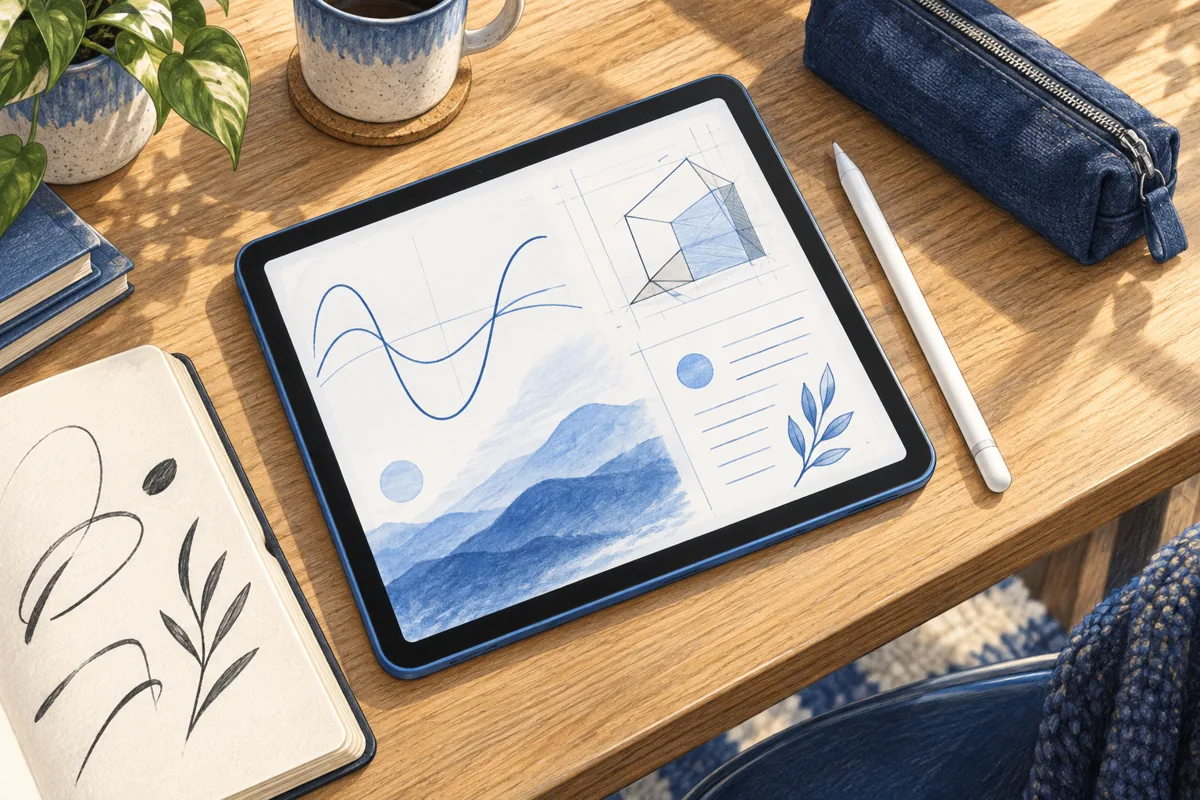 Illustration of a tablet, pen, and notes on a desk